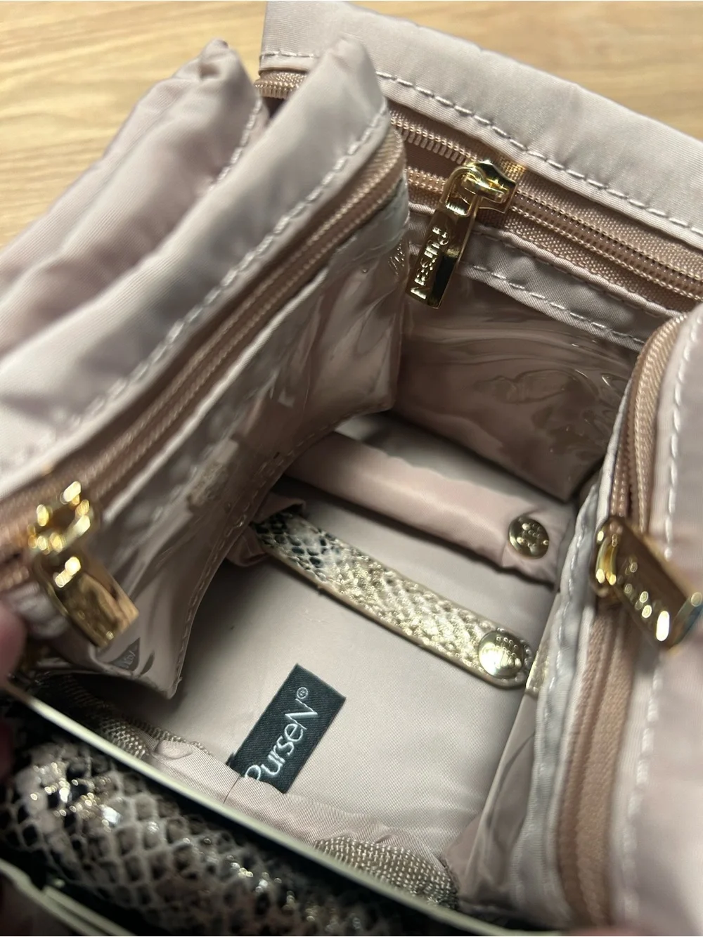 PurseN Snake-Print Cosmetic Case in Brown and Beige with Gold Accents